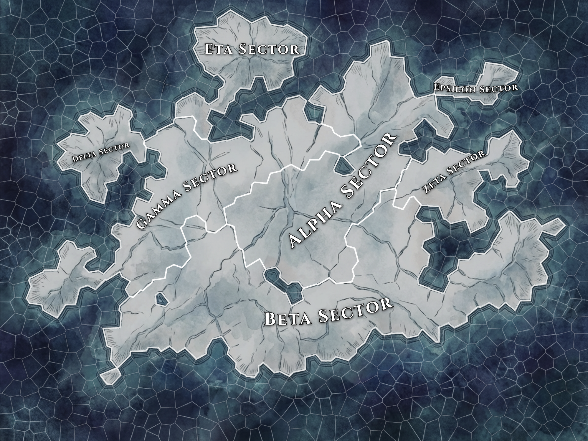 Sector map with named territories — Alpha, Beta, Gamma, Delta, Epsilon, Zeta, and Eta sectors